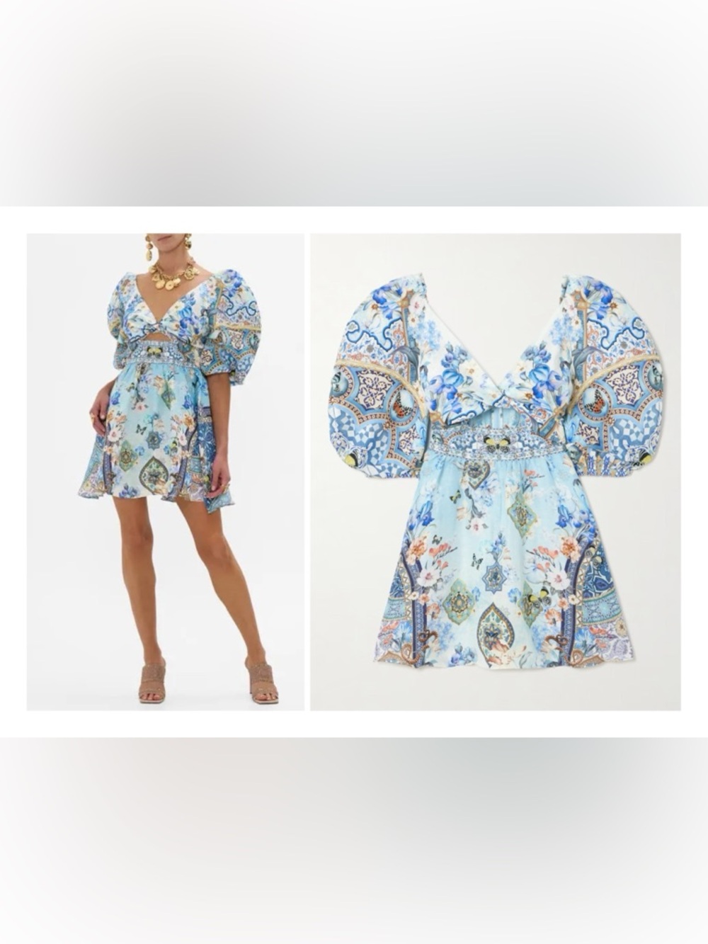 Camilla Light Blue Floral Puff-Sleeve Mini Dress, Al Manial Palace Memories NEW
